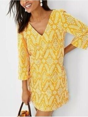 Ann Taylor Yellow and White Embroidered Shift Dress. Size Medium